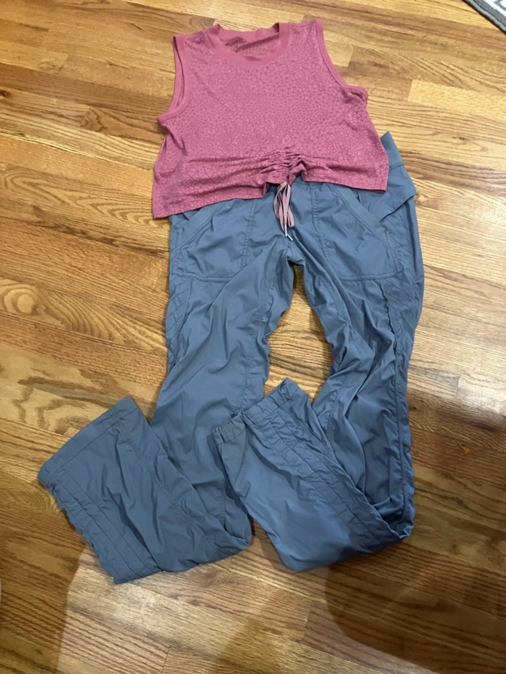 lululemon Slate Gray Studio Dance Pant and Pink Cropped Cinch Tank Sz S EUC